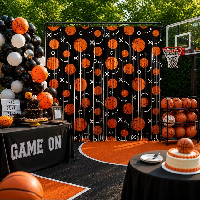 Alt view image 5 of 7 - Basketball Party Decorations, 4 Pack Basketball Birthday Party Photo Booth Prop, Black Orange Fringe Curtains Photo Streamers Backdrop for Sport Themed Birthday Party Wall Door Sign Decor