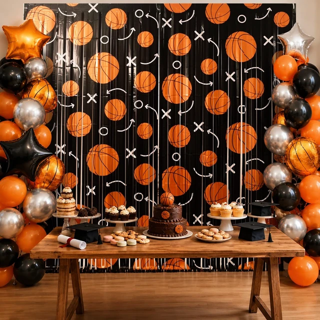 Alt view image 6 of 7 - Basketball Party Decorations, 4 Pack Basketball Birthday Party Photo Booth Prop, Black Orange Fringe Curtains Photo Streamers Backdrop for Sport Themed Birthday Party Wall Door Sign Decor