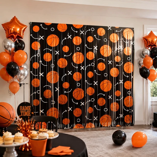 Alt view image 7 of 7 - Basketball Party Decorations, 4 Pack Basketball Birthday Party Photo Booth Prop, Black Orange Fringe Curtains Photo Streamers Backdrop for Sport Themed Birthday Party Wall Door Sign Decor