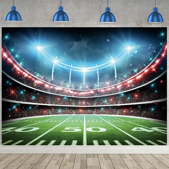 Main image of Football Field Backdrop 8X6FT Sports Stadium Auditorium Light Background Football Photography Background, Football Theme Birthday Banner, Baby Shower Party Decoration Cake Table Photo Props