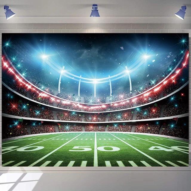 Alt view image 2 of 7 - Football Field Backdrop 8X6FT Sports Stadium Auditorium Light Background Football Photography Background, Football Theme Birthday Banner, Baby Shower Party Decoration Cake Table Photo Props