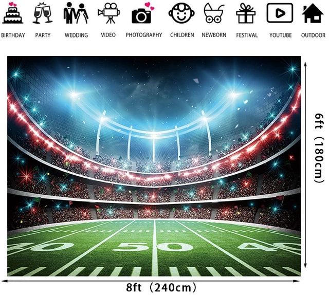 Alt view image 6 of 7 - Football Field Backdrop 8X6FT Sports Stadium Auditorium Light Background Football Photography Background, Football Theme Birthday Banner, Baby Shower Party Decoration Cake Table Photo Props
