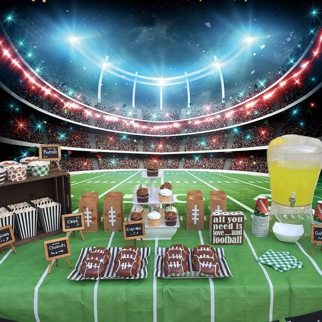 Alt view image 4 of 7 - Football Field Backdrop 8X6FT Sports Stadium Auditorium Light Background Football Photography Background, Football Theme Birthday Banner, Baby Shower Party Decoration Cake Table Photo Props