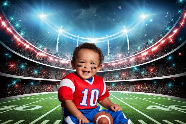 Alt view image 5 of 7 - Football Field Backdrop 8X6FT Sports Stadium Auditorium Light Background Football Photography Background, Football Theme Birthday Banner, Baby Shower Party Decoration Cake Table Photo Props