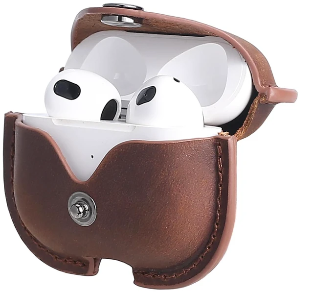 Main image of Case Cover for Air Pods 3 (2021), Crazy Horse Cowhide Leather Case with Secure Snap-Fastener Compatible with Apple AirPods 3rd Generation Charging Case - Brown