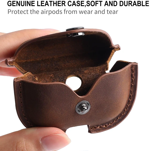 Alt view image 3 of 6 - Case Cover for Air Pods 3 (2021), Crazy Horse Cowhide Leather Case with Secure Snap-Fastener Compatible with Apple AirPods 3rd Generation Charging Case - Brown