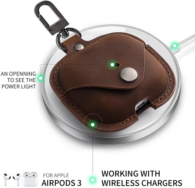 Alt view image 5 of 6 - Case Cover for Air Pods 3 (2021), Crazy Horse Cowhide Leather Case with Secure Snap-Fastener Compatible with Apple AirPods 3rd Generation Charging Case - Brown