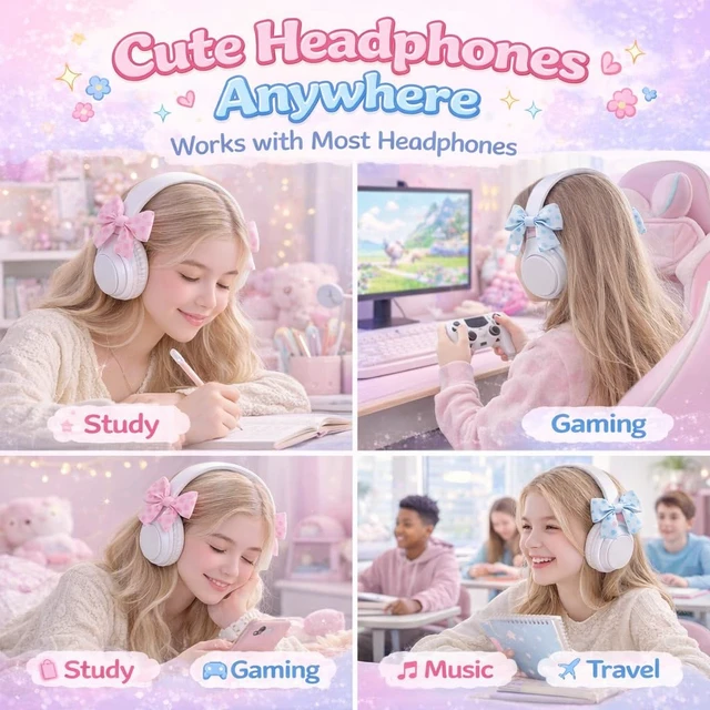 Alt view image 5 of 7 - 4 Pack Bow Headphone Accessories, Pink Satin Ribbon Bows, Cute Coquette Headphone Attachment for Girls, Y2K Aesthetic Headset Decoration, Gamer Gift for Women Streamers (Blue&Pink)