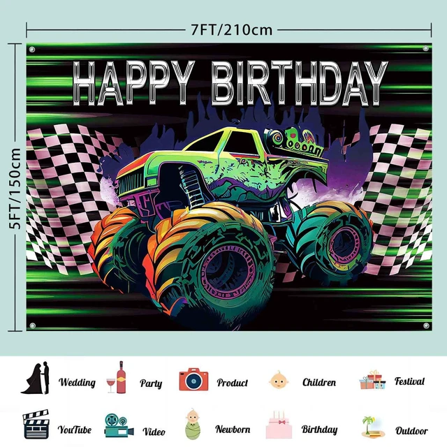 Alt view image 4 of 7 - Monster Truck Birthday Backdrop Race Car Happy Birthday Banner 7x5ft Monster Truck Birthday Decorations Boys Jam Grave Digger Party Decor Supplies Green Purple Race Car Photography Background