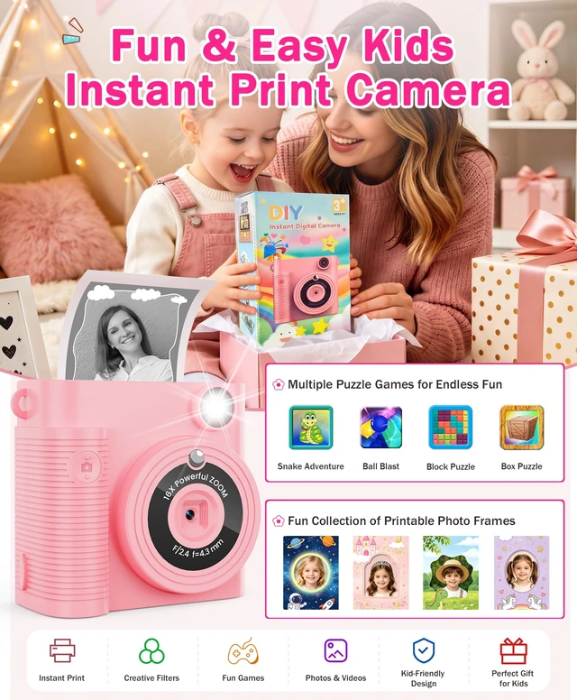 Alt view image 2 of 7 - Kids Instant Print Camera Ages 3-12 1080P Selfie 2.4" Screen 32GB Gift Pink Kids camera,1080P Photo Capture,Selfie Camera,Ink-Free Printing, Print photos easily,Christmas,Birthday Gift for Girls