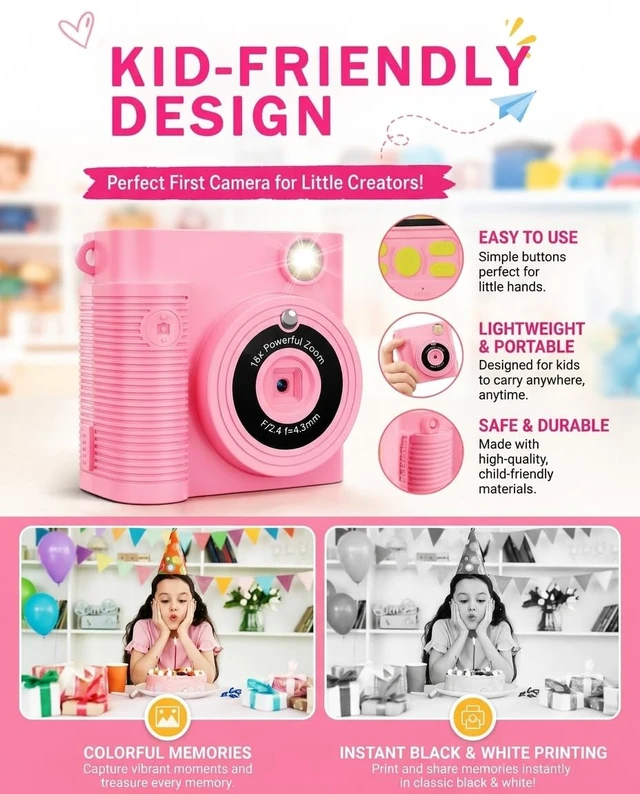 Alt view image 5 of 7 - Kids Instant Print Camera Ages 3-12 1080P Selfie 2.4" Screen 32GB Gift Pink Kids camera,1080P Photo Capture,Selfie Camera,Ink-Free Printing, Print photos easily,Christmas,Birthday Gift for Girls