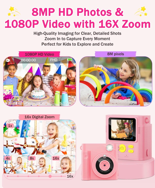 Alt view image 4 of 7 - Kids Instant Print Camera Ages 3-12 1080P Selfie 2.4" Screen 32GB Gift Pink Kids camera,1080P Photo Capture,Selfie Camera,Ink-Free Printing, Print photos easily,Christmas,Birthday Gift for Girls