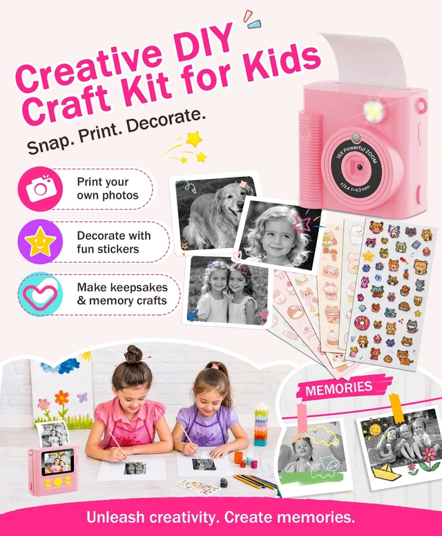 Alt view image 3 of 7 - Kids Instant Print Camera Ages 3-12 1080P Selfie 2.4" Screen 32GB Gift Pink Kids camera,1080P Photo Capture,Selfie Camera,Ink-Free Printing, Print photos easily,Christmas,Birthday Gift for Girls
