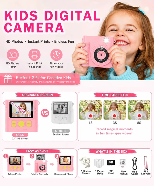 Alt view image 6 of 7 - Kids Instant Print Camera Ages 3-12 1080P Selfie 2.4" Screen 32GB Gift Pink Kids camera,1080P Photo Capture,Selfie Camera,Ink-Free Printing, Print photos easily,Christmas,Birthday Gift for Girls