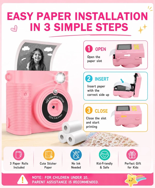 Alt view image 7 of 7 - Kids Instant Print Camera Ages 3-12 1080P Selfie 2.4" Screen 32GB Gift Pink Kids camera,1080P Photo Capture,Selfie Camera,Ink-Free Printing, Print photos easily,Christmas,Birthday Gift for Girls