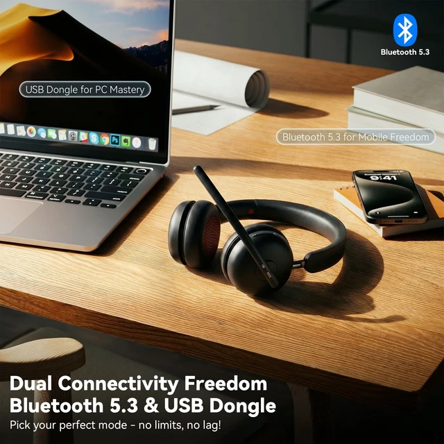 Alt view image 2 of 6 - Wireless Headset with Mic for Work, Bluetooth 5.3 Headphones with Noise Cancelling, USB Dongle, Mute Button, 65H Battery, Wireless Headset for PC, Laptop, Call Center & Online Meetings