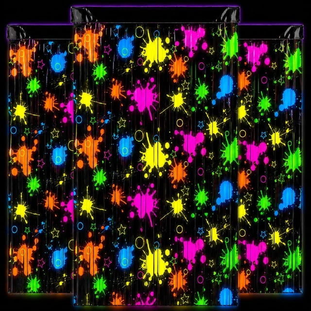 Main image of 3 Pack Neon Foil Curtains for Glow in The Dark Party Supplies UV Blacklight Reactive Tinsel Backdrop for Neon Halloween, Birthday, 80s 90s Disco Party Decorations, 3.3 x 6.6 Ft