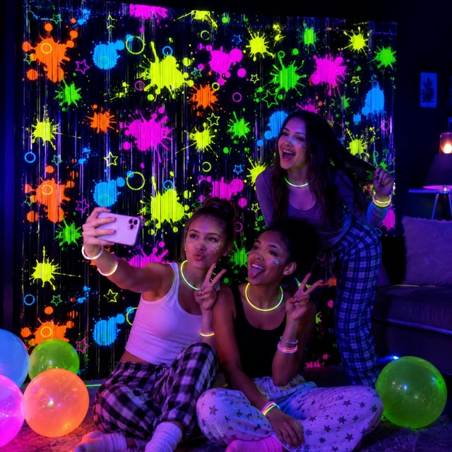 Alt view image 2 of 7 - 3 Pack Neon Foil Curtains for Glow in The Dark Party Supplies UV Blacklight Reactive Tinsel Backdrop for Neon Halloween, Birthday, 80s 90s Disco Party Decorations, 3.3 x 6.6 Ft