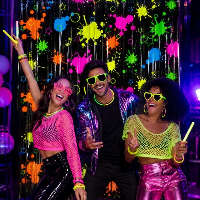 Alt view image 3 of 7 - 3 Pack Neon Foil Curtains for Glow in The Dark Party Supplies UV Blacklight Reactive Tinsel Backdrop for Neon Halloween, Birthday, 80s 90s Disco Party Decorations, 3.3 x 6.6 Ft