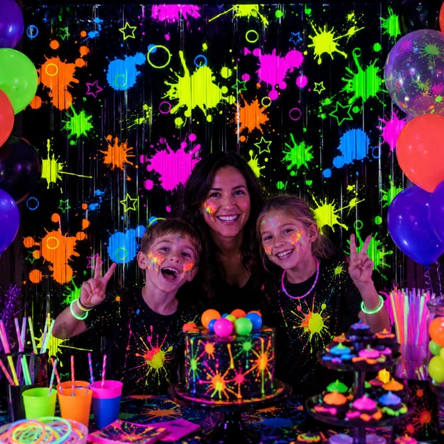 Alt view image 4 of 7 - 3 Pack Neon Foil Curtains for Glow in The Dark Party Supplies UV Blacklight Reactive Tinsel Backdrop for Neon Halloween, Birthday, 80s 90s Disco Party Decorations, 3.3 x 6.6 Ft