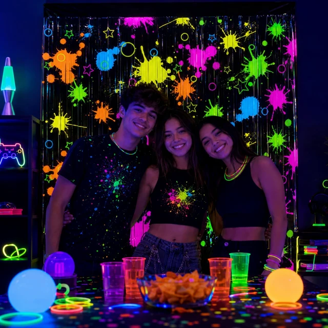 Alt view image 5 of 7 - 3 Pack Neon Foil Curtains for Glow in The Dark Party Supplies UV Blacklight Reactive Tinsel Backdrop for Neon Halloween, Birthday, 80s 90s Disco Party Decorations, 3.3 x 6.6 Ft