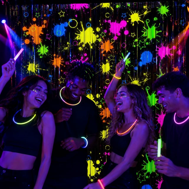 Alt view image 6 of 7 - 3 Pack Neon Foil Curtains for Glow in The Dark Party Supplies UV Blacklight Reactive Tinsel Backdrop for Neon Halloween, Birthday, 80s 90s Disco Party Decorations, 3.3 x 6.6 Ft