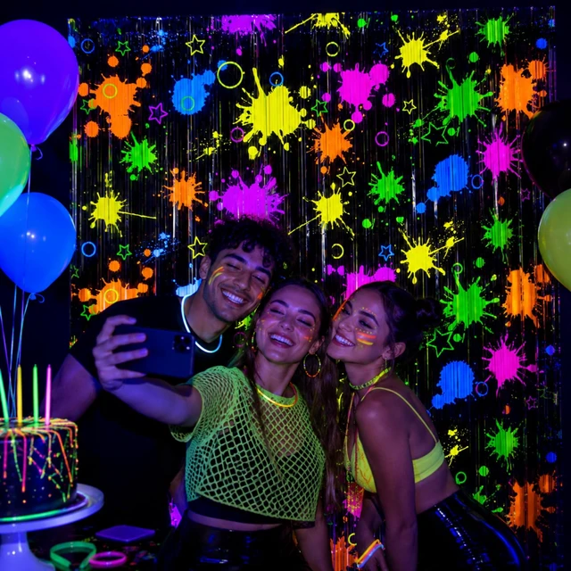 Alt view image 7 of 7 - 3 Pack Neon Foil Curtains for Glow in The Dark Party Supplies UV Blacklight Reactive Tinsel Backdrop for Neon Halloween, Birthday, 80s 90s Disco Party Decorations, 3.3 x 6.6 Ft