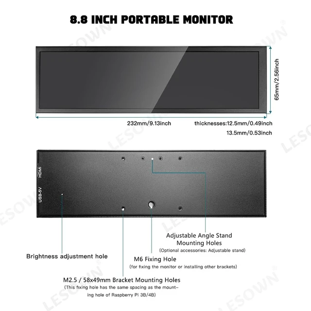 Alt view image 7 of 7 - 8.8 inch Stretched Bar Wide Touch Screen Monitor 480x1920 IPS Long bar LCD Display Secondary Screen PC Case for Windows Rpi4