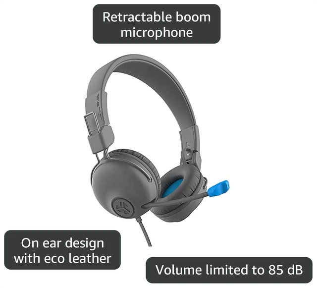 Alt view image 3 of 7 - JBuddies Learn On-Ear Kids Headphones, Retractable Boom Mic, Built-in Volume Regulators for Safety, Folding, Adjustable, Great for Schooling Homework and Virtual Classes