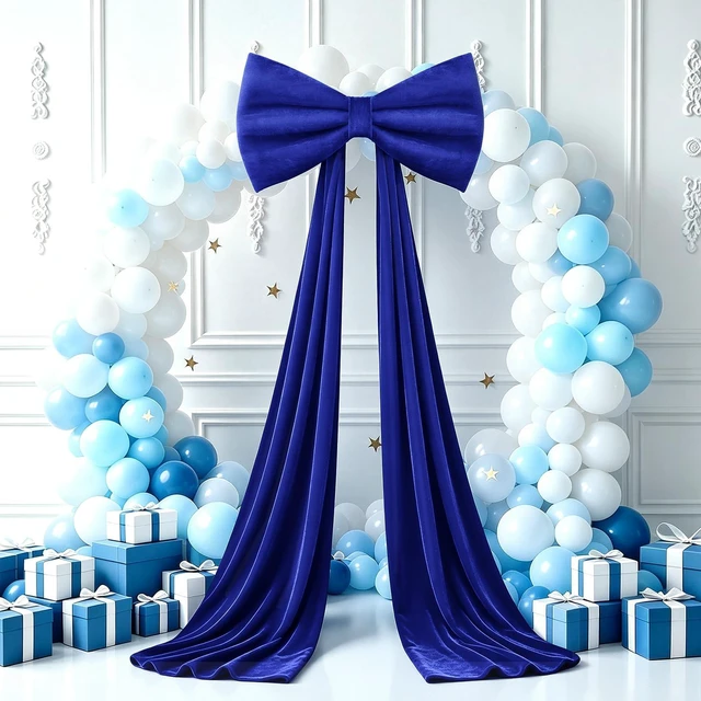 Main image of Large Velvet Bow Party Backdrop Decor, 78.7x23.6 Inch Blue 1pcs 3D Sponge-filled, Reusable, Giant Velvet Bow Long Ribbon Streamers for Weddings, Parties, Baby Showers, Christmas Wall