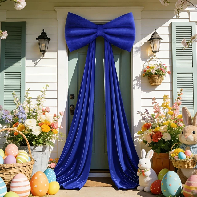 Alt view image 3 of 7 - Large Velvet Bow Party Backdrop Decor, 78.7x23.6 Inch Blue 1pcs 3D Sponge-filled, Reusable, Giant Velvet Bow Long Ribbon Streamers for Weddings, Parties, Baby Showers, Christmas Wall