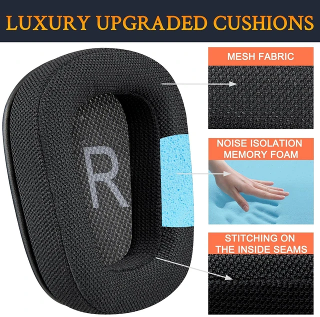 Alt view image 6 of 7 - Mesh Earpads for Logitech G935/G933/G930/G432/G35 - Black for G35/G930/G933/G935/G633/G635/G533/G430/G431/G432/G433/G332/G230/G231/G233 Headphones