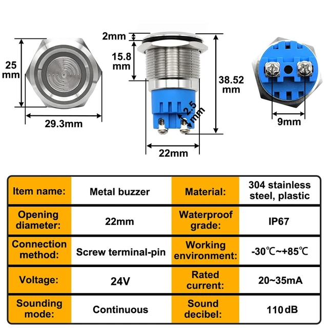 Alt view image 3 of 6 - 2PCS DC24V 22mm Electronic Stainless Steel Buzzer Alarm Sounder Waterproof IP67 Continuous Sounder 110dB Metal Active Piezo Buzzer with Red Flash Indicator