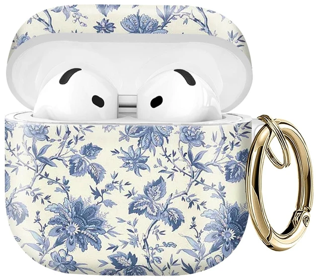 Main image of Compatible with AirPod 4 Protective case with Gold Key Ring for 2024 Fourth Generation AirPod. Shockproof, dustproof, Wireless Headphone Protective case.Delicate Blue Flowers