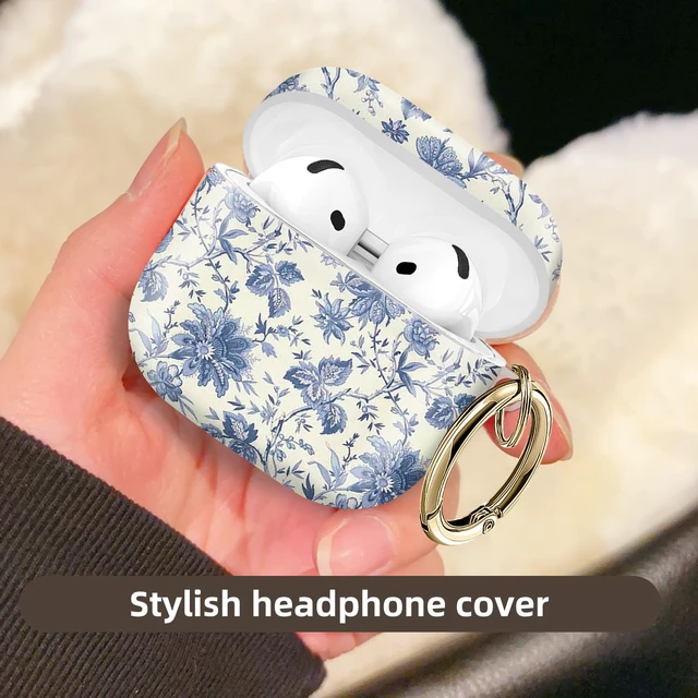 Alt view image 2 of 6 - Compatible with AirPod 4 Protective case with Gold Key Ring for 2024 Fourth Generation AirPod. Shockproof, dustproof, Wireless Headphone Protective case.Delicate Blue Flowers