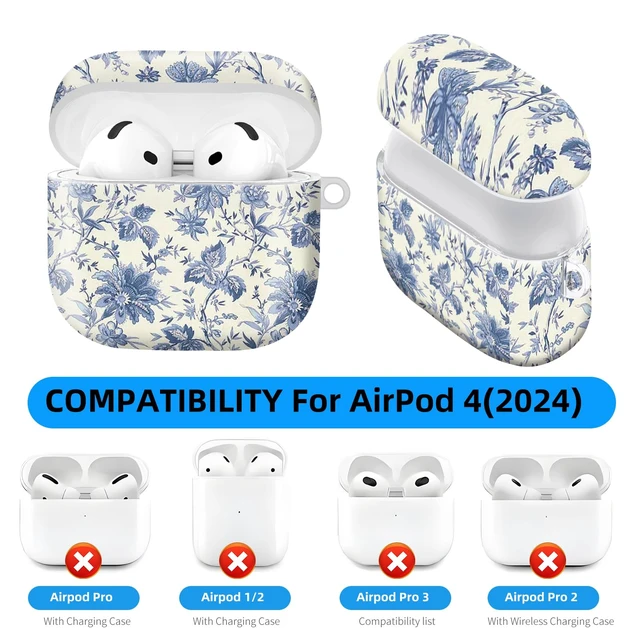 Alt view image 4 of 6 - Compatible with AirPod 4 Protective case with Gold Key Ring for 2024 Fourth Generation AirPod. Shockproof, dustproof, Wireless Headphone Protective case.Delicate Blue Flowers