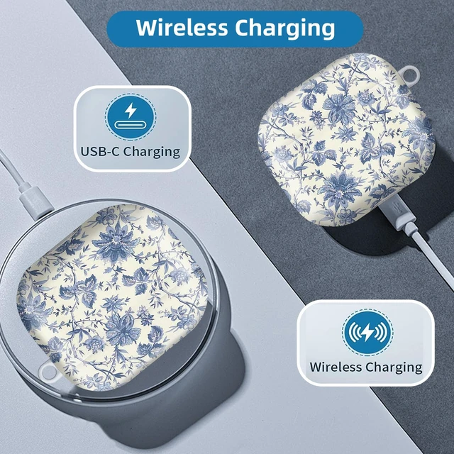 Alt view image 6 of 6 - Compatible with AirPod 4 Protective case with Gold Key Ring for 2024 Fourth Generation AirPod. Shockproof, dustproof, Wireless Headphone Protective case.Delicate Blue Flowers