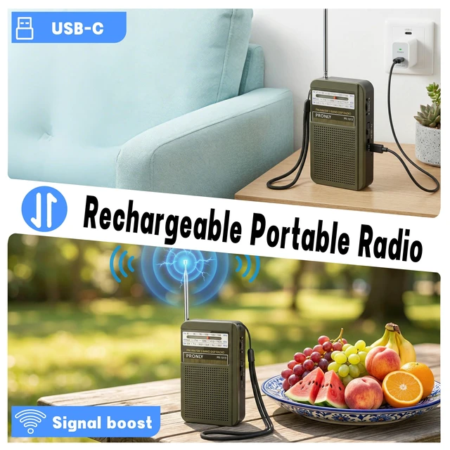 Alt view image 2 of 7 - Portable AM FM Radio, 3 Band Transistor Radio with Shortwave, USB-C Rechargeable Portable Radio with Speaker & Telescopic Antenna for Home Camping Emergency, Green