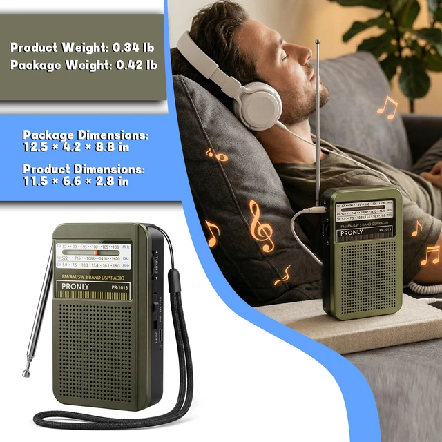 Alt view image 3 of 7 - Portable AM FM Radio, 3 Band Transistor Radio with Shortwave, USB-C Rechargeable Portable Radio with Speaker & Telescopic Antenna for Home Camping Emergency, Green