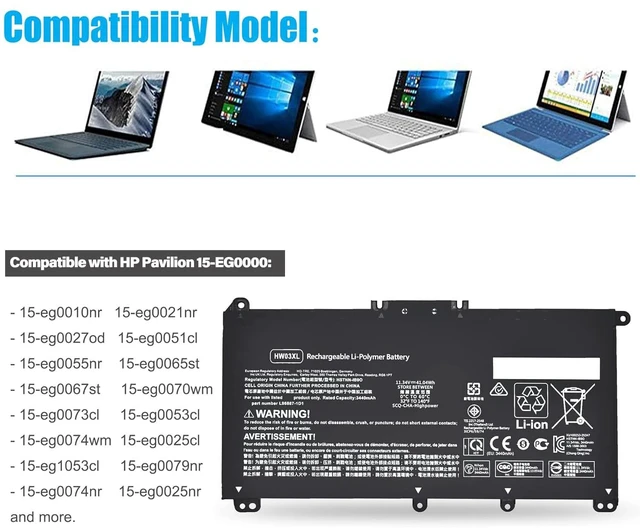 Alt view image 2 of 5 - HW03XL Battery for HP Pavilion 15-EG0000 15-eg1053cl 15-eg3053cl eg0073cl for 15-eg3097nr eg0050wm 15-eg0025nr eg1073cl eg0021nr eg1053cl eg1077nr eg0053cl HSTNN-IB90 IB9O LB8U OB2A L96887-1D1 421