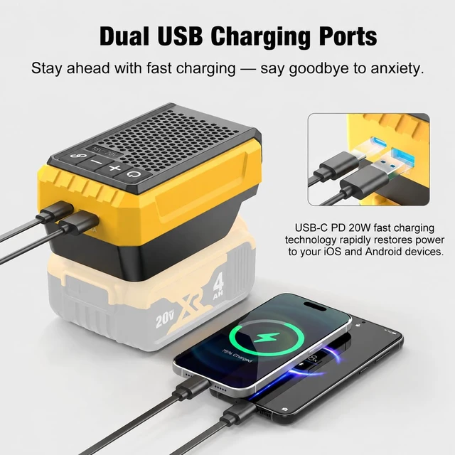 Alt view image 3 of 7 - Portable Bluetooth Speaker Compatible with DEWALT 18V/20V Battery (Battery Not Included) 100FT Bluetooth 6.0 Range, TWS Stereo Pairing, USB-C PD 20W Fast Charging, USB Play