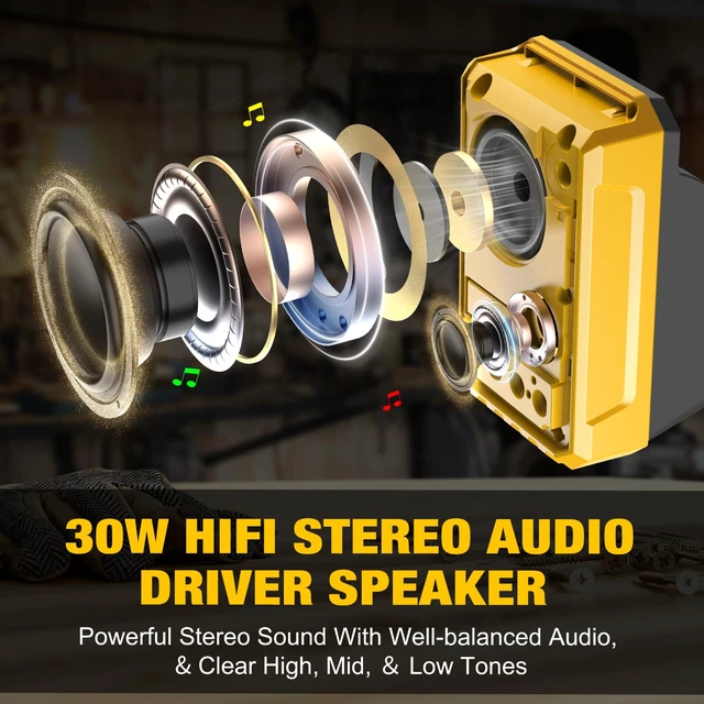 Alt view image 4 of 7 - Portable Bluetooth Speaker Compatible with DEWALT 18V/20V Battery (Battery Not Included) 100FT Bluetooth 6.0 Range, TWS Stereo Pairing, USB-C PD 20W Fast Charging, USB Play