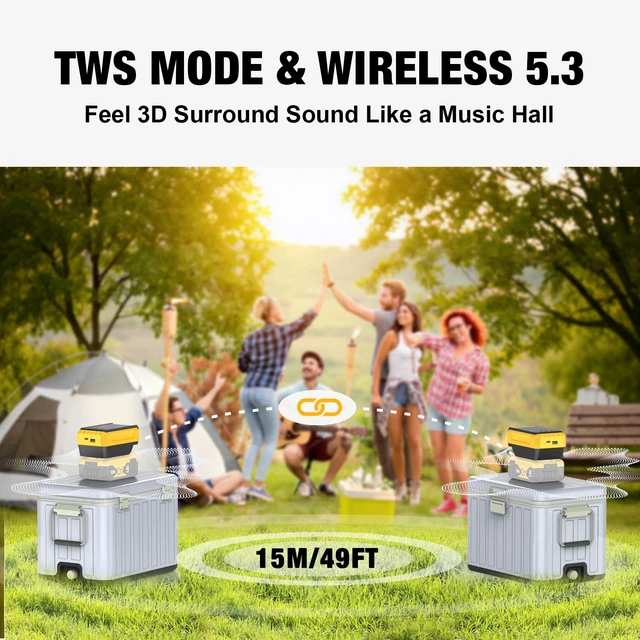 Alt view image 6 of 7 - Portable Bluetooth Speaker Compatible with DEWALT 18V/20V Battery (Battery Not Included) 100FT Bluetooth 6.0 Range, TWS Stereo Pairing, USB-C PD 20W Fast Charging, USB Play