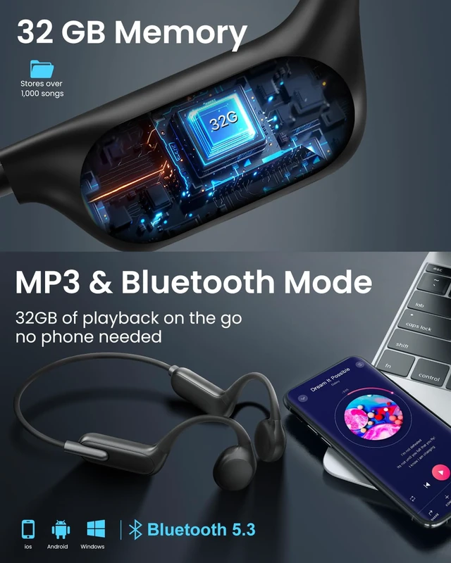 Alt view image 7 of 7 - Bone Conduction Swimming Headphones, IPX8 Waterproof, 32GB MP3 for Underwater Listening, IPX8 Waterproof Open-Ear Design for Swimming and Pool Workouts