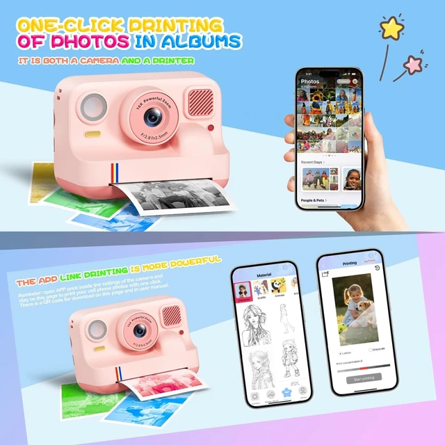 Alt view image 3 of 7 - Instant Print Camera for Kids, Christmas Birthday Gifts for Girls Boys Age 3-15, 1080P Selfie Portable Digital Video Camera with 32GB SD Card, 3-Colored Print Paper- Pink