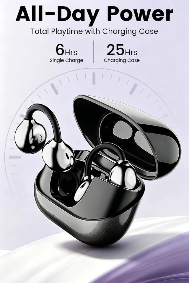 Alt view image 2 of 7 - Clip-on Earbuds,Open Ear Earbuds Wireless Bluetooth 6.0, Lightweight Open Ear Headphones with C-Shaped Bridge,Slim Hook,50H Battery,Waterproof,for Glasses Wearers &Sports & Travel (Black)