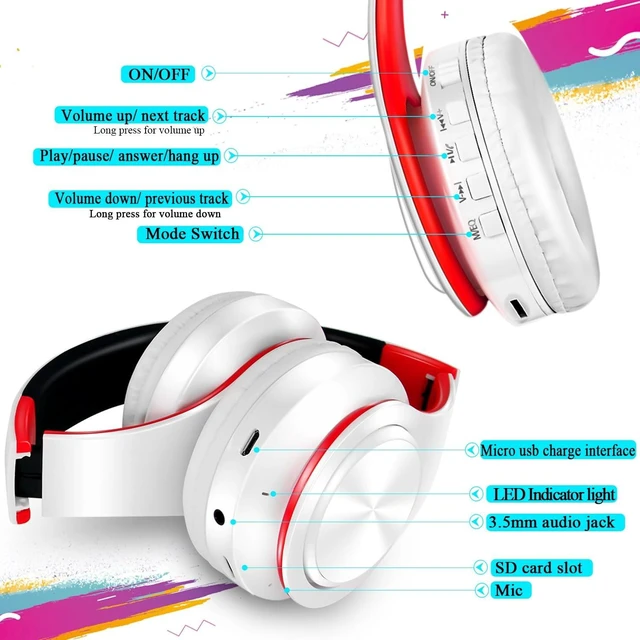 Alt view image 7 of 7 - Bluetooth Over The Ear Headphone Stereo Sound Computer PC Headset for Gaming Meeting Chat with Mic/Soft Earmuffs/Foldable/TF 3.5mm Jack for Universal Connectivity (white red)