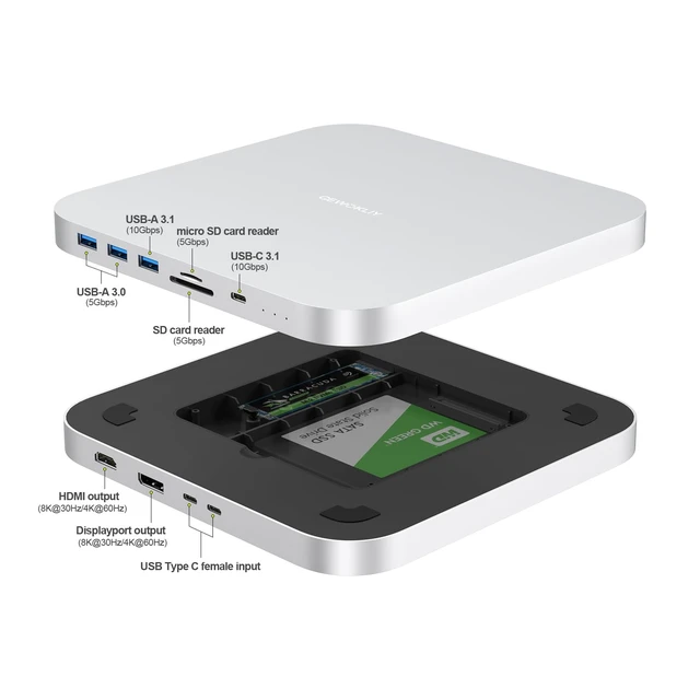 Alt view image 2 of 7 - Mac mini Dock, USB-C Docking Station with Dual SSD Enclosures, Compatible with 2.5-inch SATA HDD and NVMe M.2 SSD, Mac mini Hub with 4K HDMI & DisplayPort, USB A/C Ports, TF/SD Card Reader