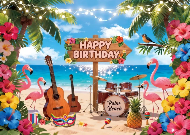 Alt view image 2 of 6 - Summer Happy Birthday Backdrop Hawaiian Tropical Beach Flamingo Flowers Palm Leaves Photography Background Adult Kids Summer Hawaiian Music Birthday Party Decorations Banner Photo Props (10x8FT)