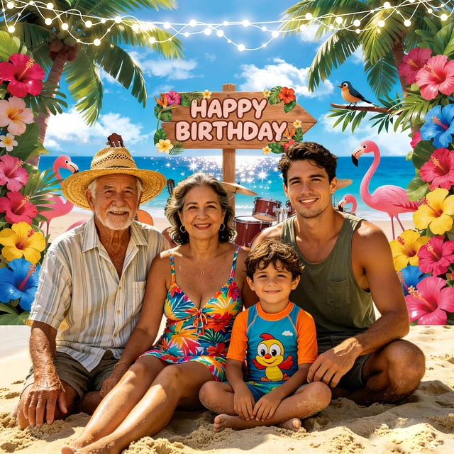 Alt view image 4 of 6 - Summer Happy Birthday Backdrop Hawaiian Tropical Beach Flamingo Flowers Palm Leaves Photography Background Adult Kids Summer Hawaiian Music Birthday Party Decorations Banner Photo Props (10x8FT)